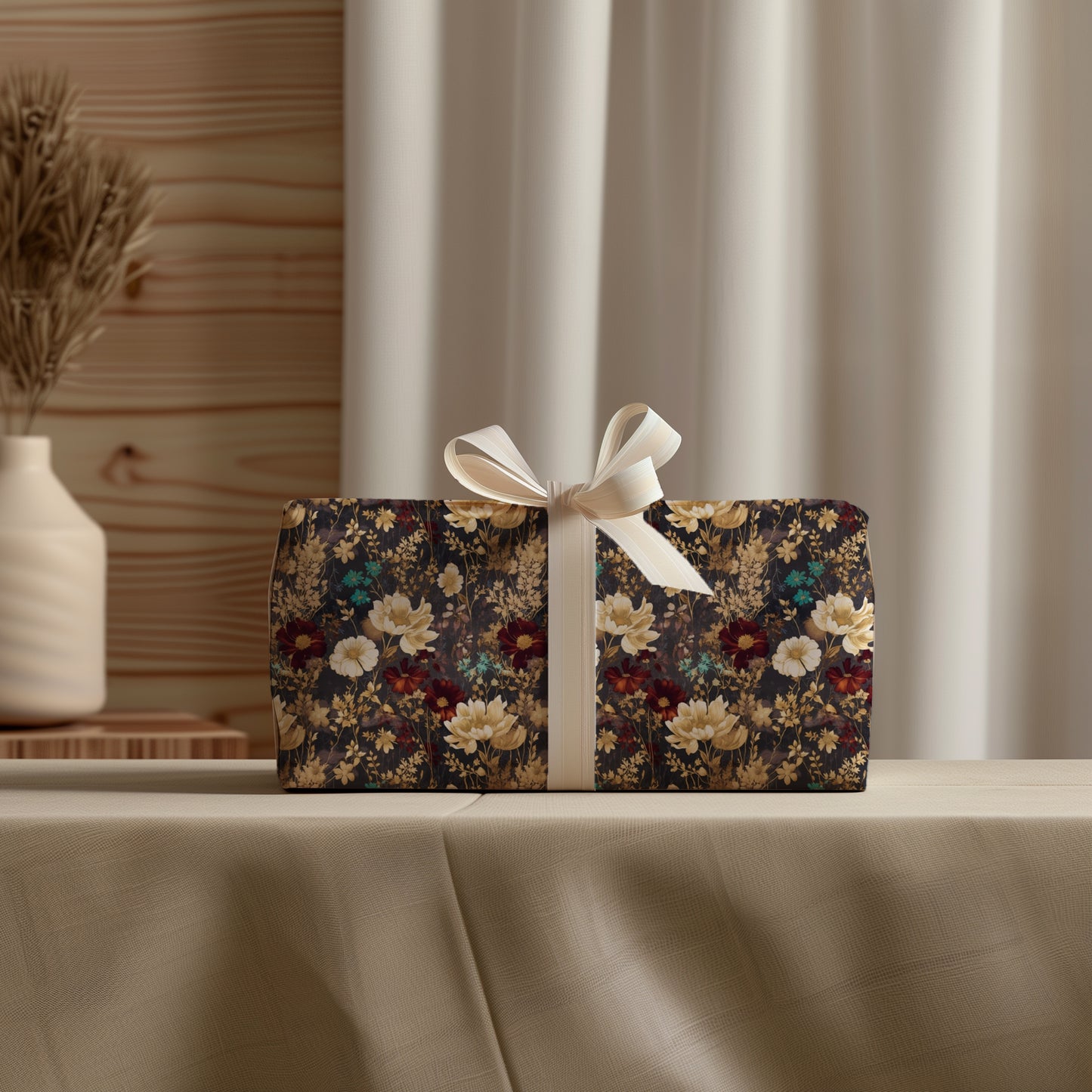 Beige, Maroon Red & Blue Dark Moody Floral Gift Wrapping Paper - Birthday Gift Wrap, Bridal Gifting, Christmas Holiday Gift Accessories