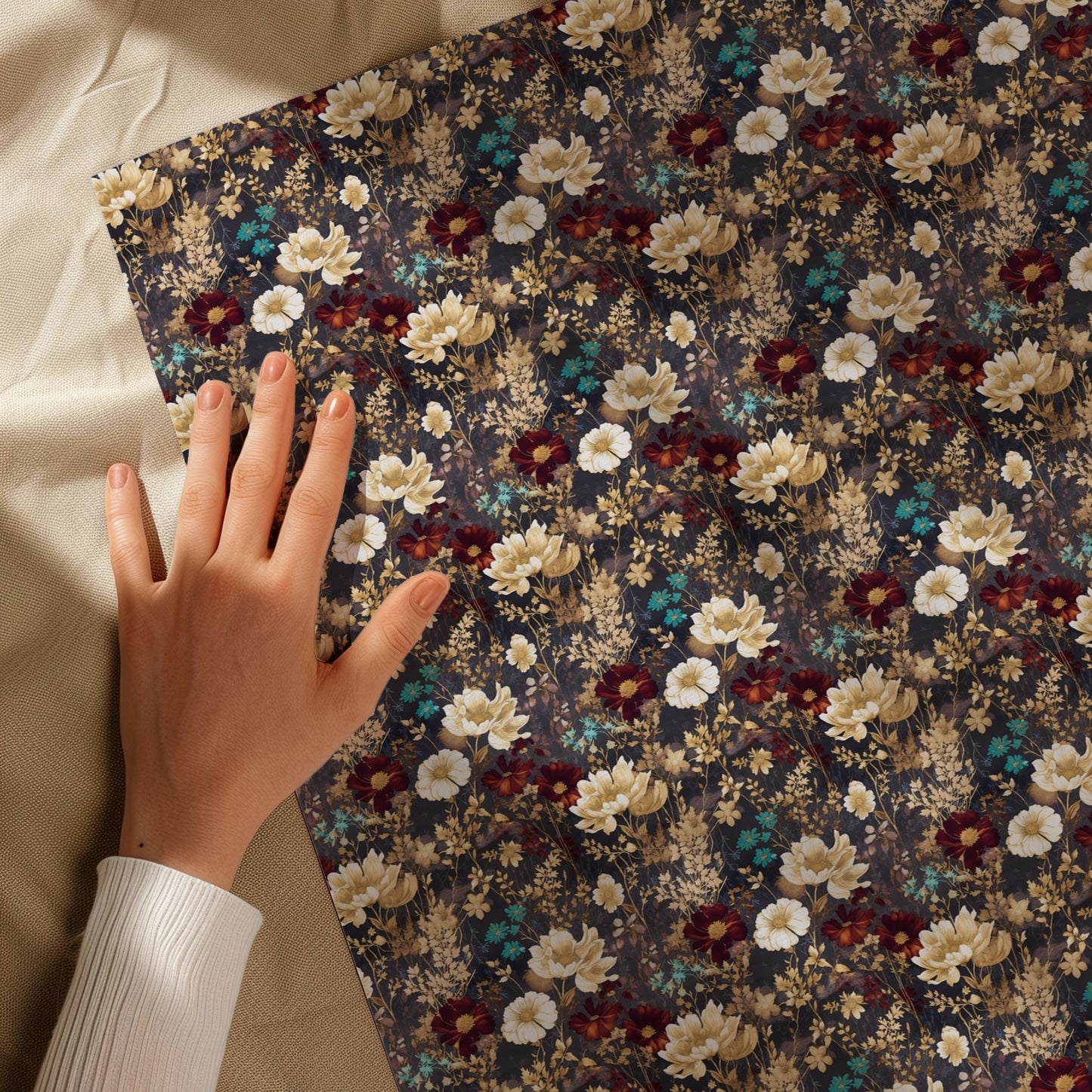 Beige, Maroon Red & Blue Dark Moody Floral Gift Wrapping Paper - Birthday Gift Wrap, Bridal Gifting, Christmas Holiday Gift Accessories