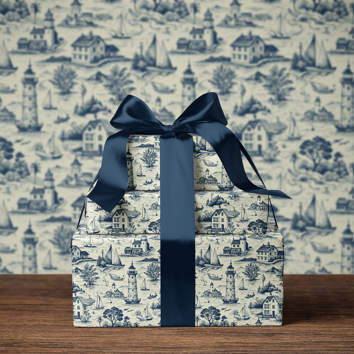 Vintage Coastal Nautical Blue Toile De Jouy Gift Wrapping Paper