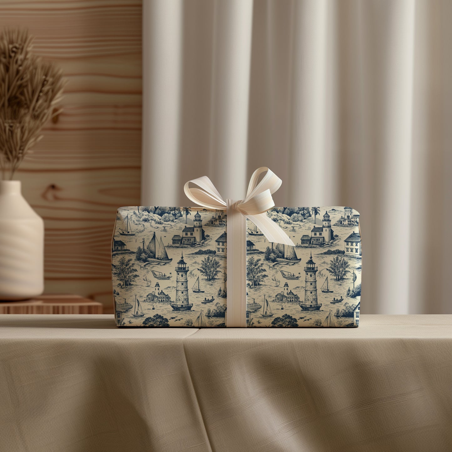 Vintage Coastal Nautical Blue Toile De Jouy Gift Wrapping Paper