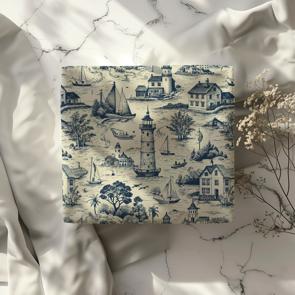 Vintage Coastal Nautical Blue Toile De Jouy Gift Wrapping Paper