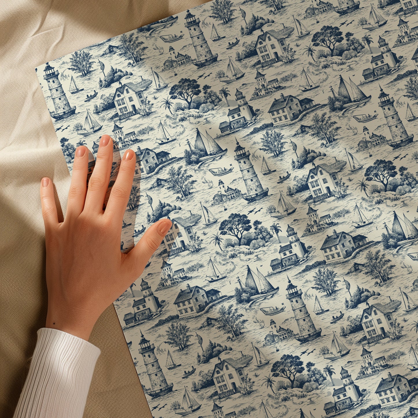 Vintage Coastal Nautical Blue Toile De Jouy Gift Wrapping Paper