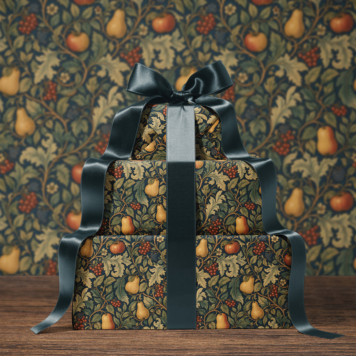 Dark Autumn Apples, Pears, Berries & Greenery William Morris Style Floral Gift Wrapping Paper
