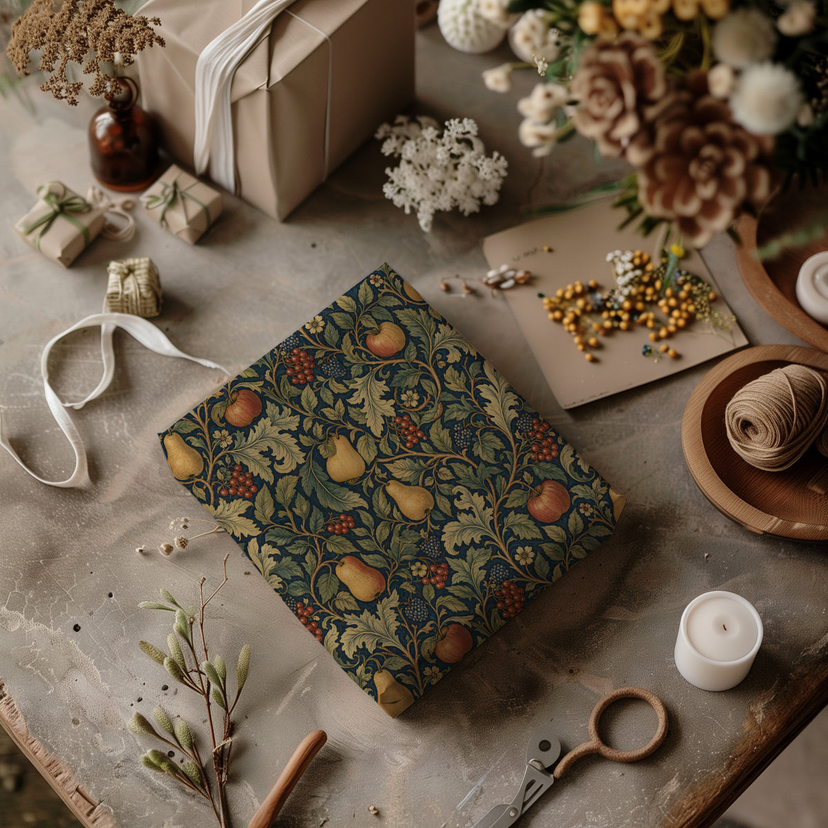 Dark Autumn Apples, Pears, Berries & Greenery William Morris Style Floral Gift Wrapping Paper