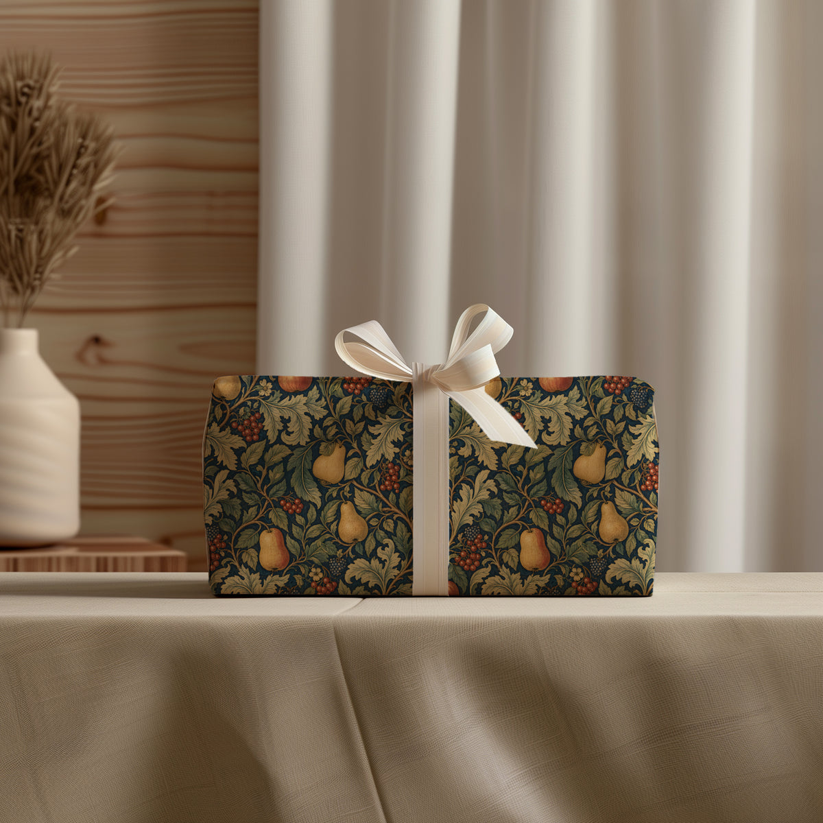 Dark Autumn Apples, Pears, Berries & Greenery William Morris Style Floral Gift Wrapping Paper