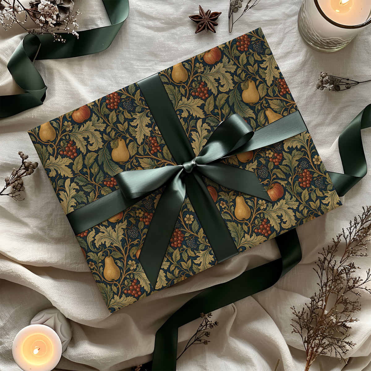 Dark Autumn Apples, Pears, Berries & Greenery William Morris Style Floral Gift Wrapping Paper