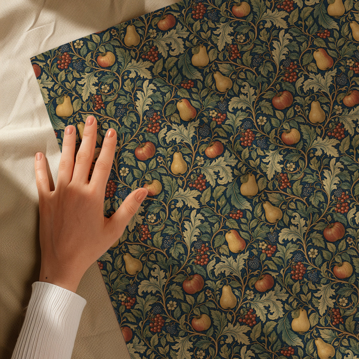 Dark Autumn Apples, Pears, Berries & Greenery William Morris Style Floral Gift Wrapping Paper
