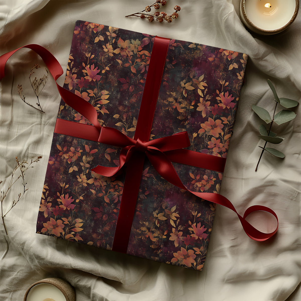 Dark Moody Red Jewel Toned Floral Bloom Victorian Gift Wrapping Paper