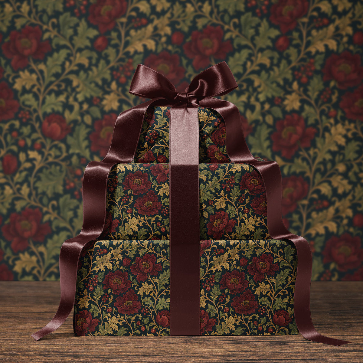 Dark Moody Red Floral Bloom Vintage William Morris Style Gift Wrapping Paper