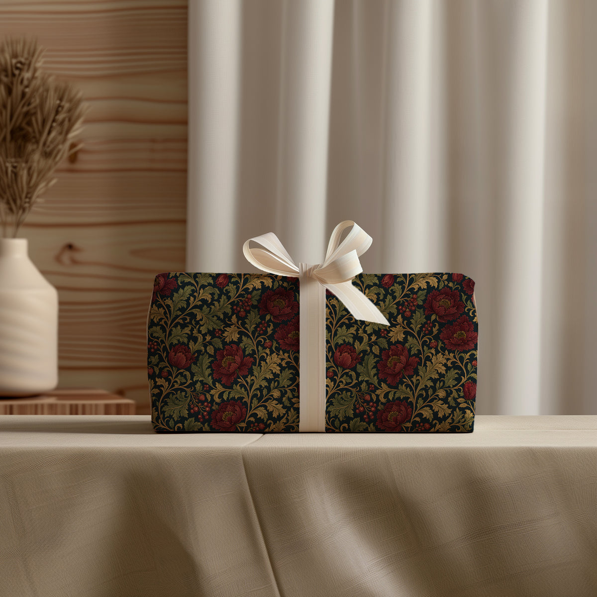 Dark Moody Red Floral Bloom Vintage William Morris Style Gift Wrapping Paper
