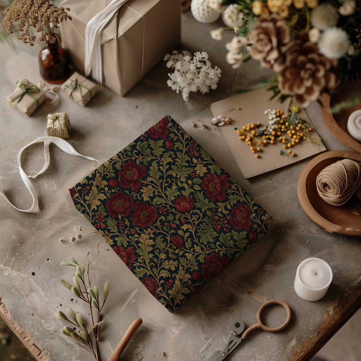 Dark Moody Red Floral Bloom Vintage William Morris Style Gift Wrapping Paper