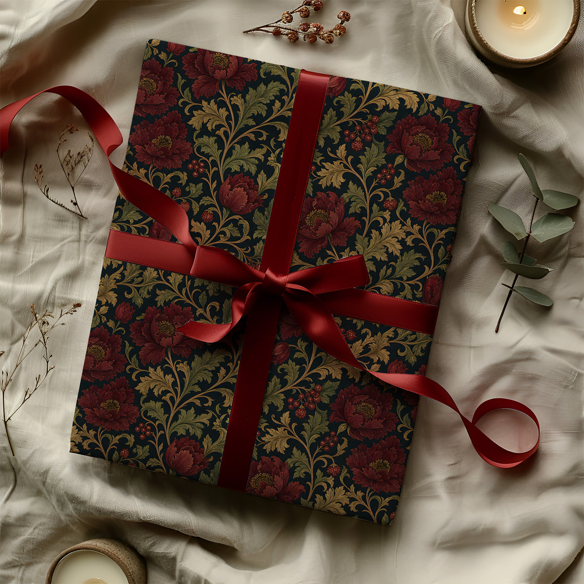 Dark Moody Red Floral Bloom Vintage William Morris Style Gift Wrapping Paper
