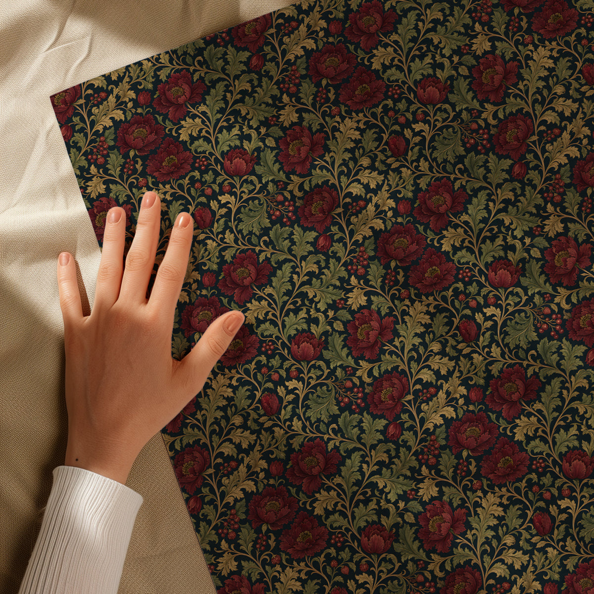 Dark Moody Red Floral Bloom Vintage William Morris Style Gift Wrapping Paper