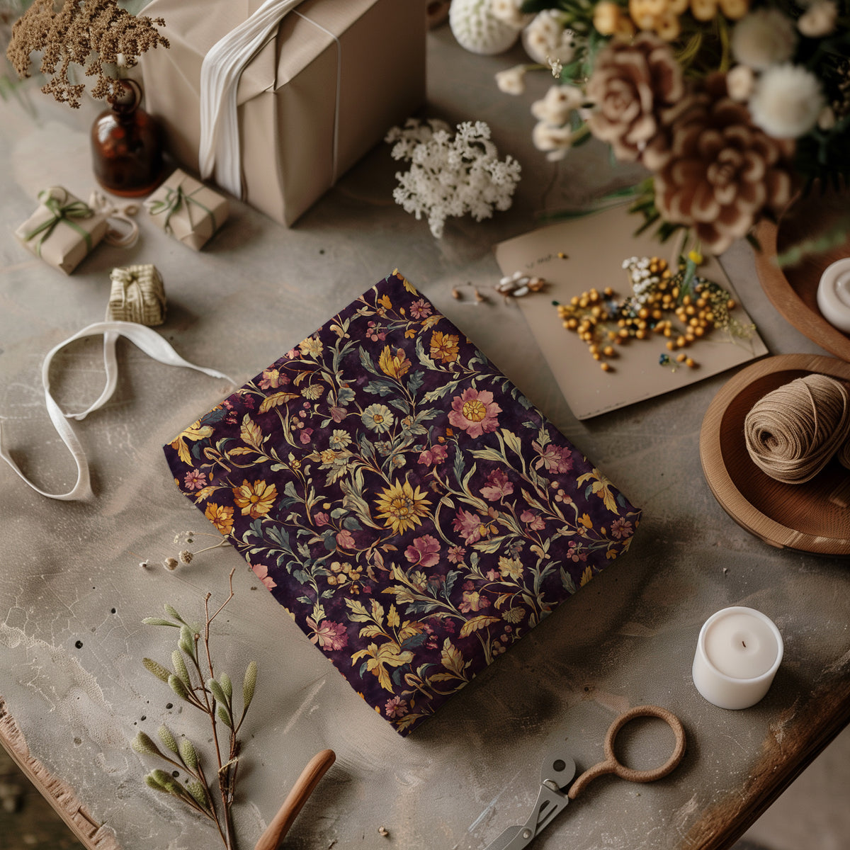 Dark Moody Autumn Florals & Greenery Gift Wrapping Paper