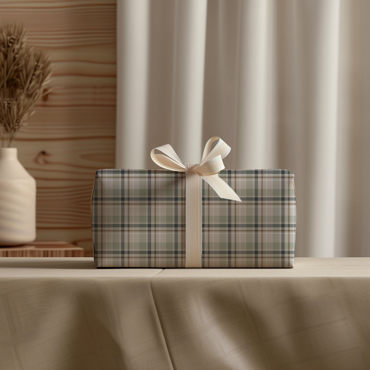 Green, Beige & Brown Tartan Plaid Gift Wrapping Paper