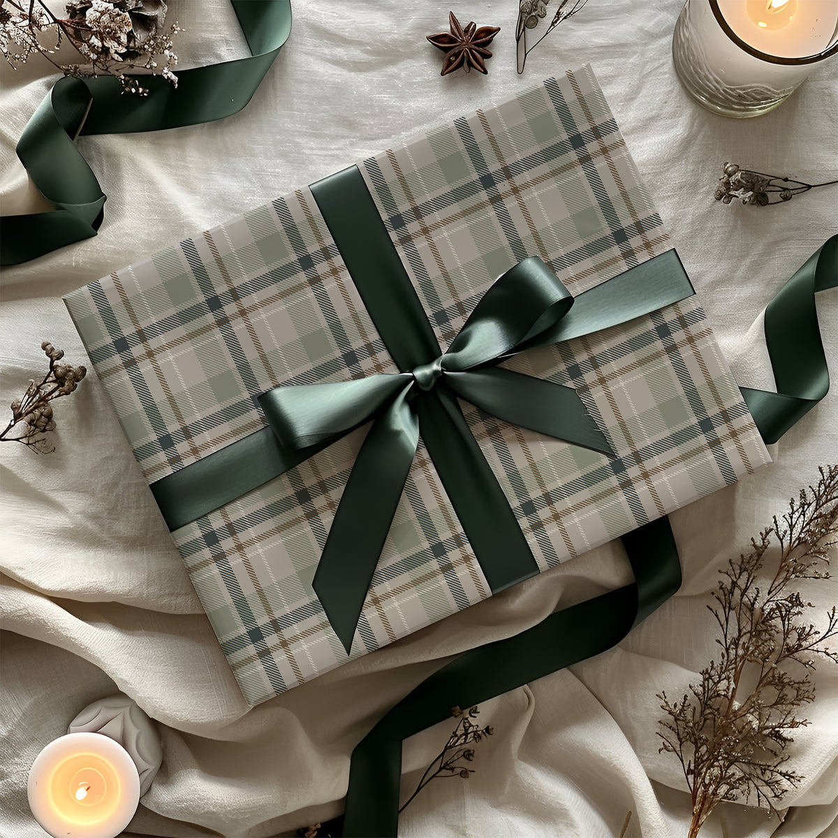 Green, Beige & Brown Tartan Plaid Gift Wrapping Paper
