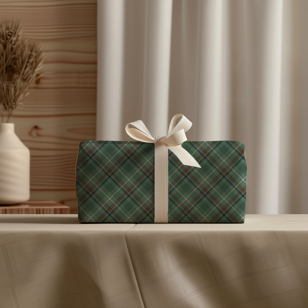 Dark Green, Beige & Brown Tartan Plaid Gift Wrapping Paper