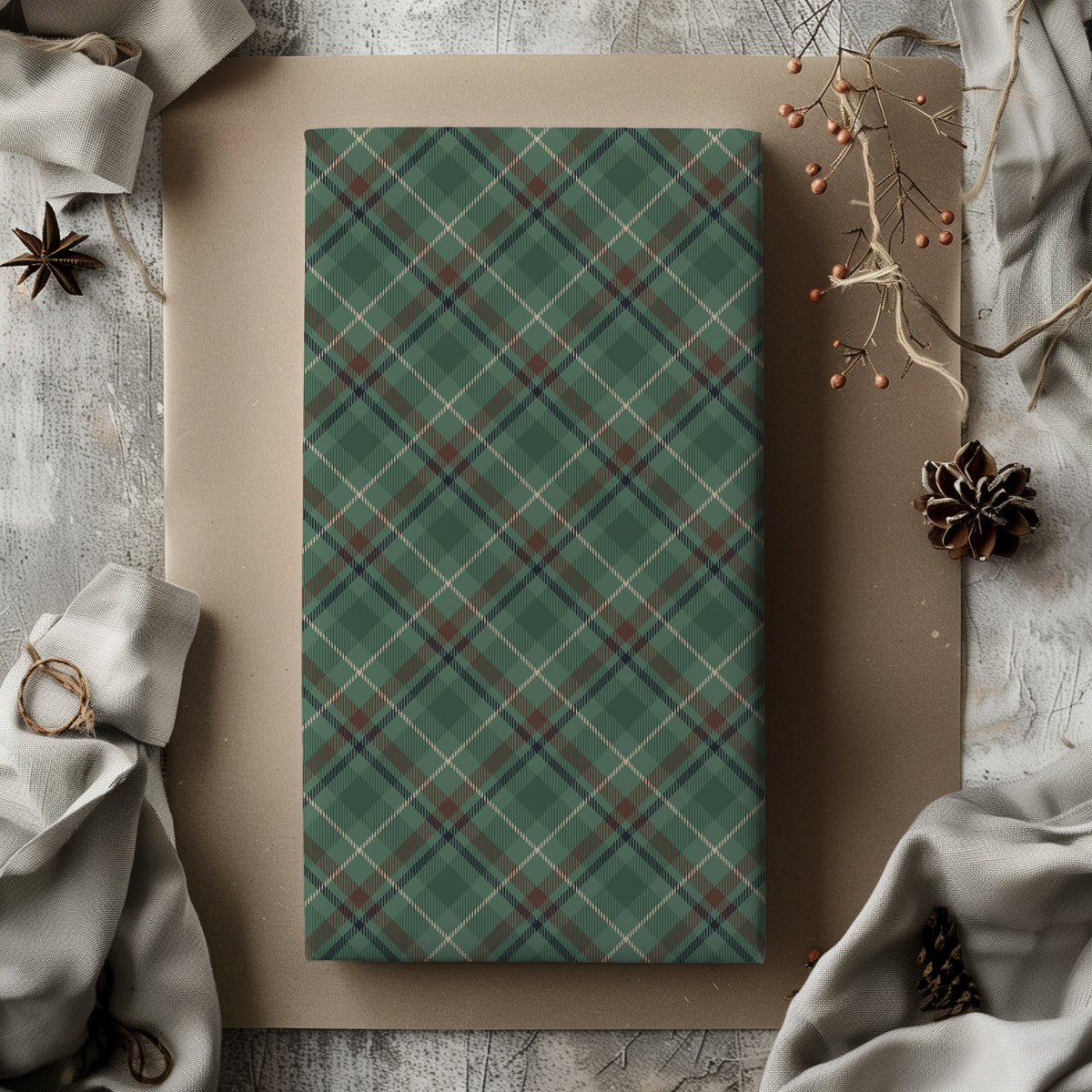 Dark Green, Beige & Brown Tartan Plaid Gift Wrapping Paper