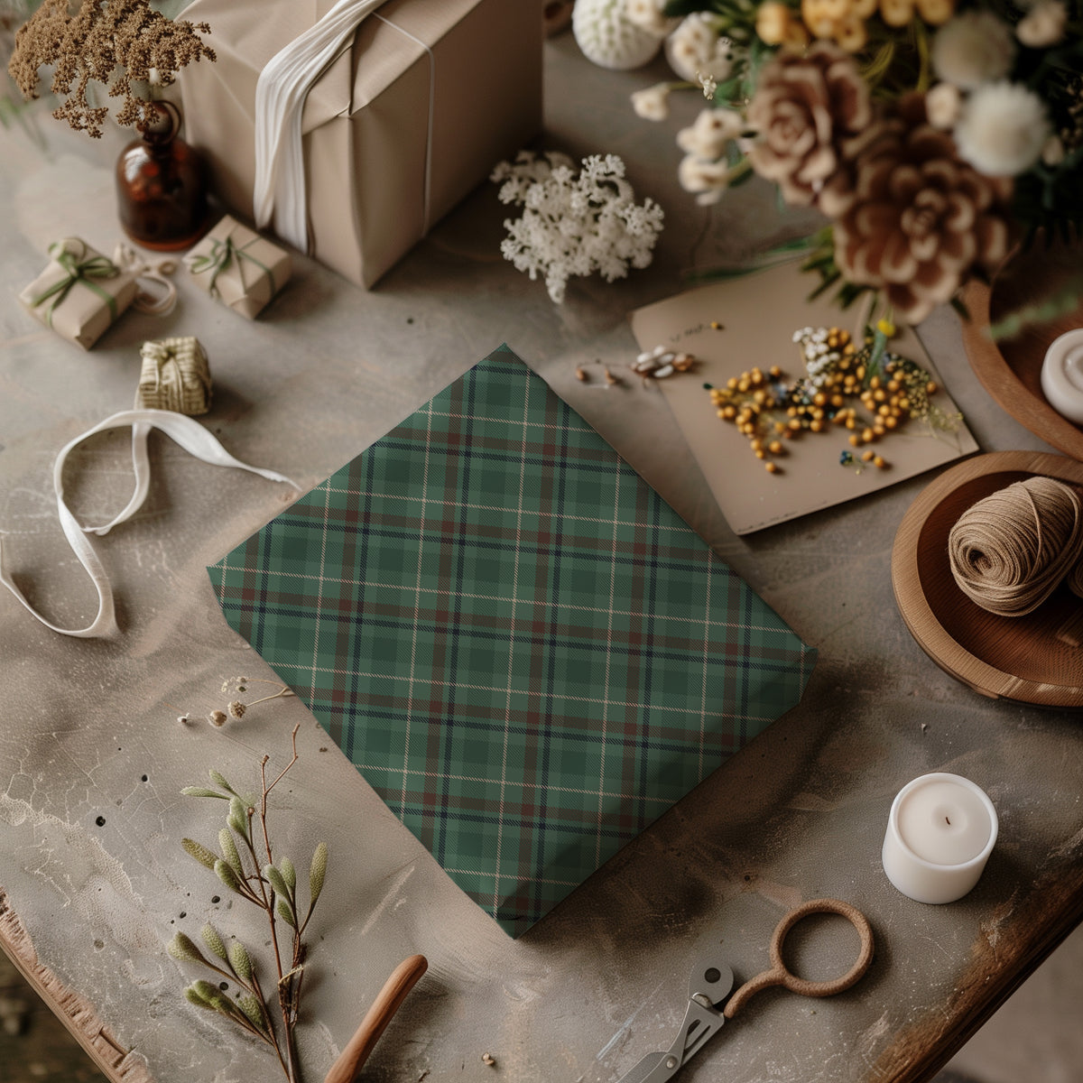 Dark Green, Beige & Brown Tartan Plaid Gift Wrapping Paper