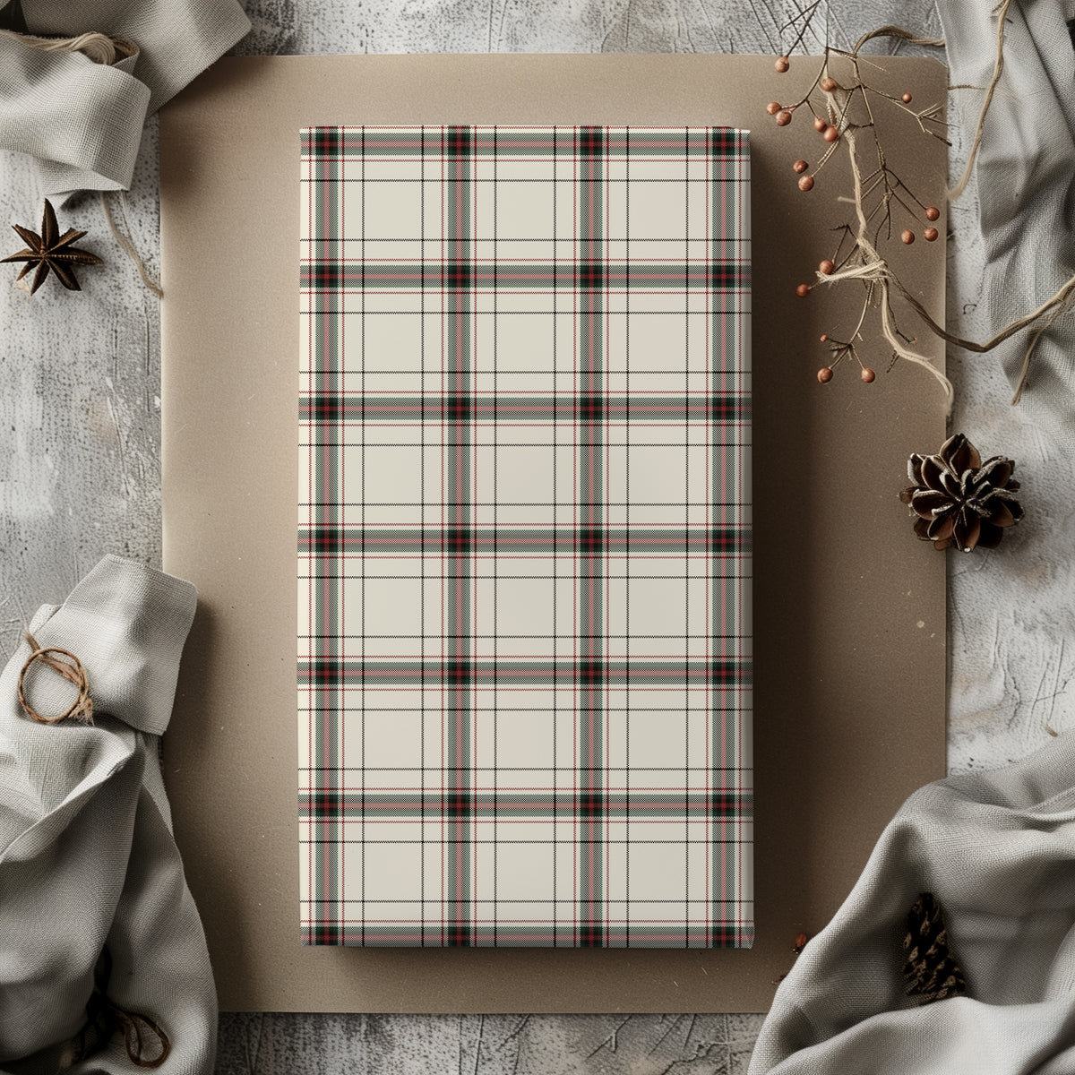 White, Red & Green Tattersall Plaid Tartan Gift Wrapping Paper