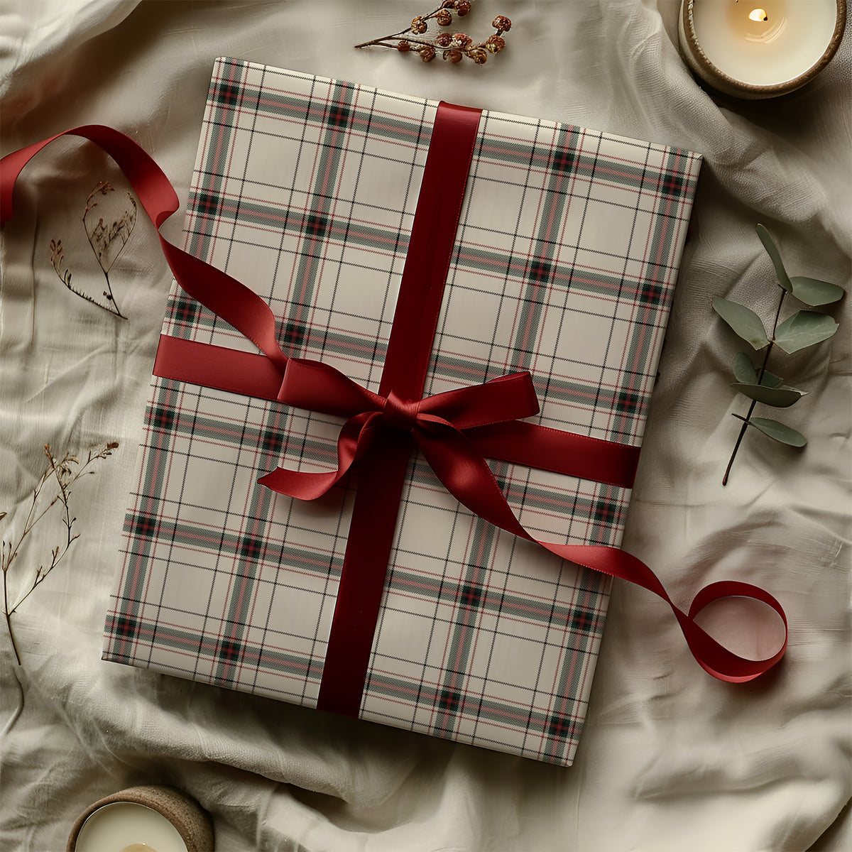 White, Red & Green Tattersall Plaid Tartan Gift Wrapping Paper