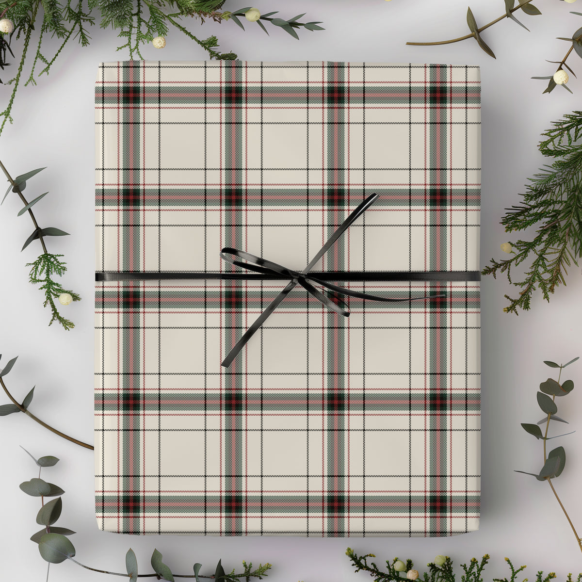 White, Red & Green Tattersall Plaid Tartan Gift Wrapping Paper