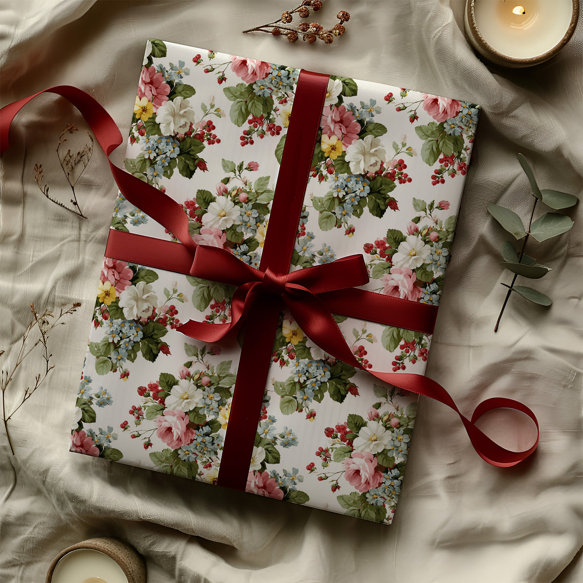 Pink, White & Yellow Floral Blooms with Red Berries Gift Wrapping Paper