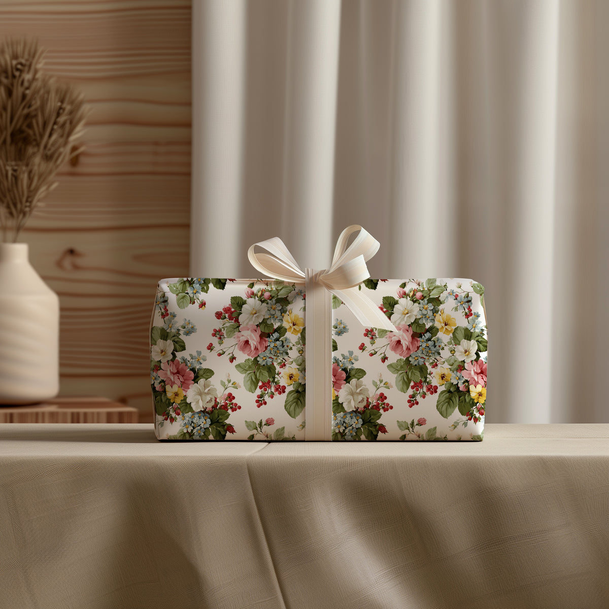 Pink, White & Yellow Floral Blooms with Red Berries Gift Wrapping Paper