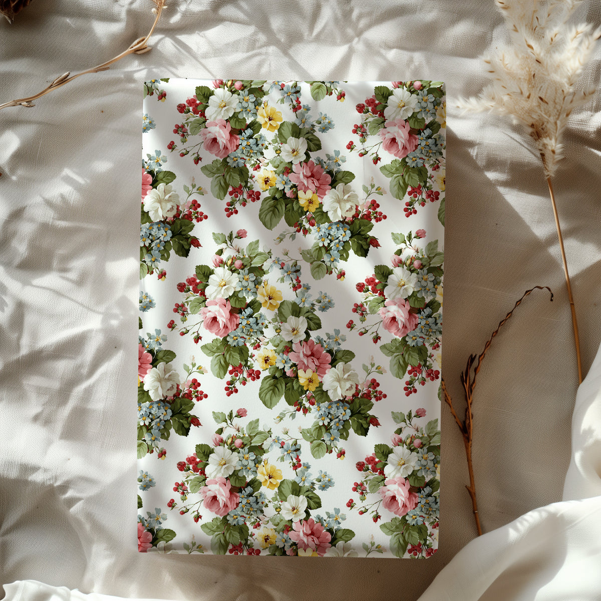 Pink, White & Yellow Floral Blooms with Red Berries Gift Wrapping Paper