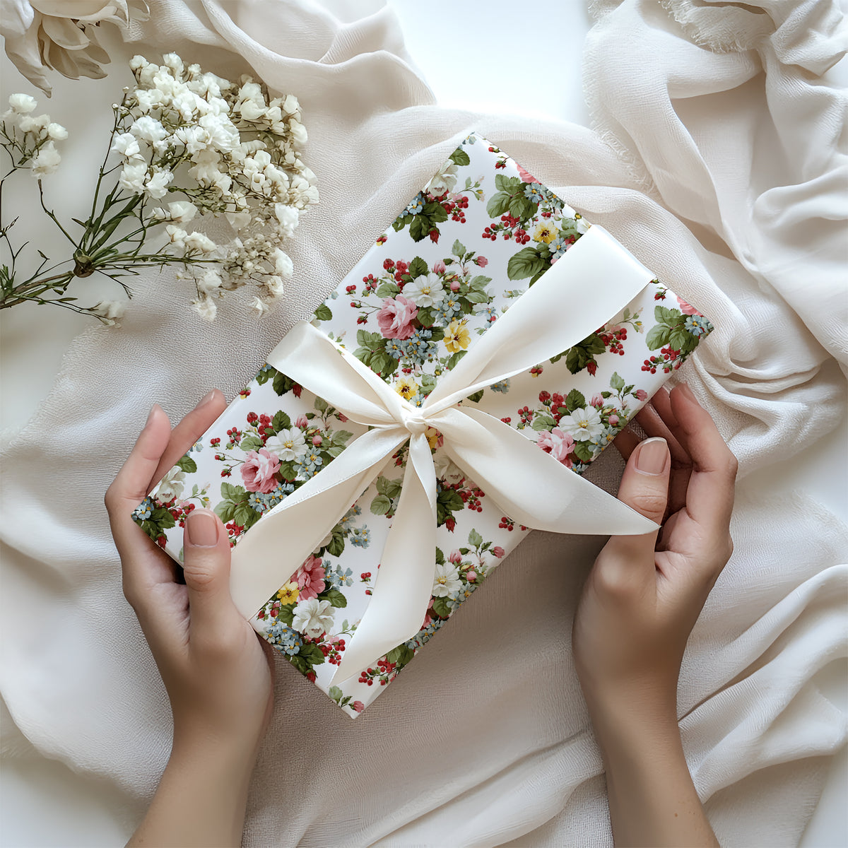 Pink, White & Yellow Floral Blooms with Red Berries Gift Wrapping Paper