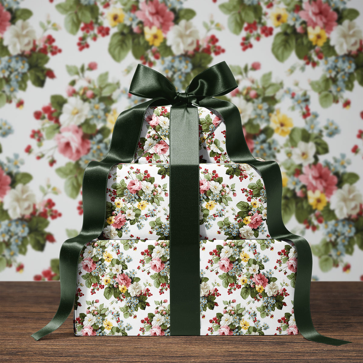 Pink, White & Yellow Floral Blooms with Red Berries Gift Wrapping Paper