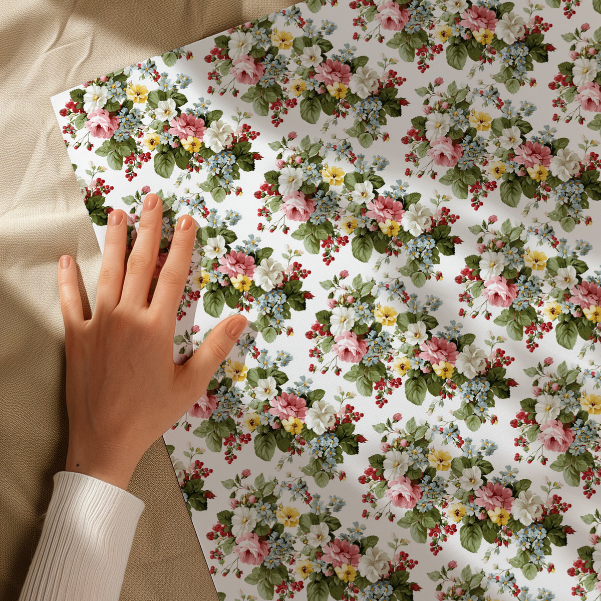 Pink, White & Yellow Floral Blooms with Red Berries Gift Wrapping Paper