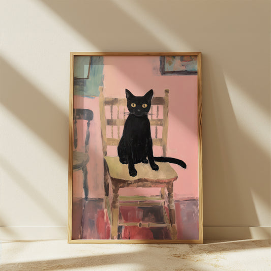 Black Cat on Kitchen Chair Matte Vertical Poster Art Print