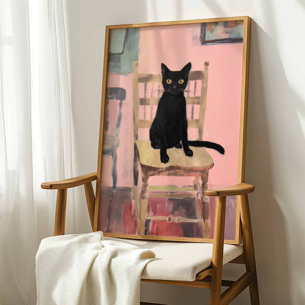 Black Cat on Kitchen Chair Matte Vertical Poster Art Print