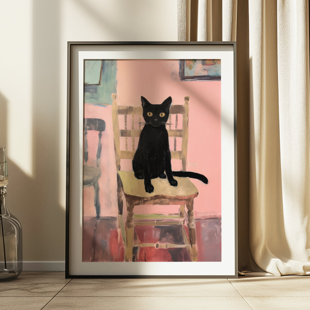 Black Cat on Kitchen Chair Matte Vertical Poster Art Print