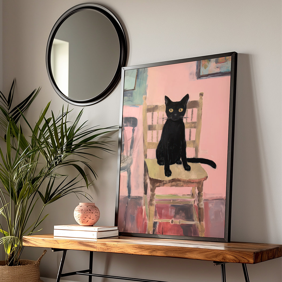 Black Cat on Kitchen Chair Matte Vertical Poster Art Print