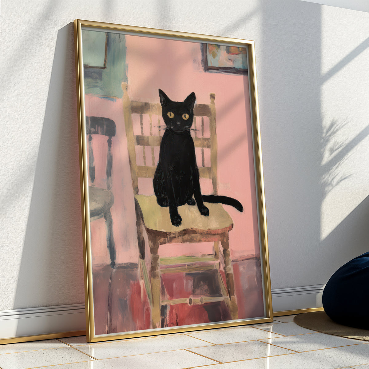 Black Cat on Kitchen Chair Matte Vertical Poster Art Print