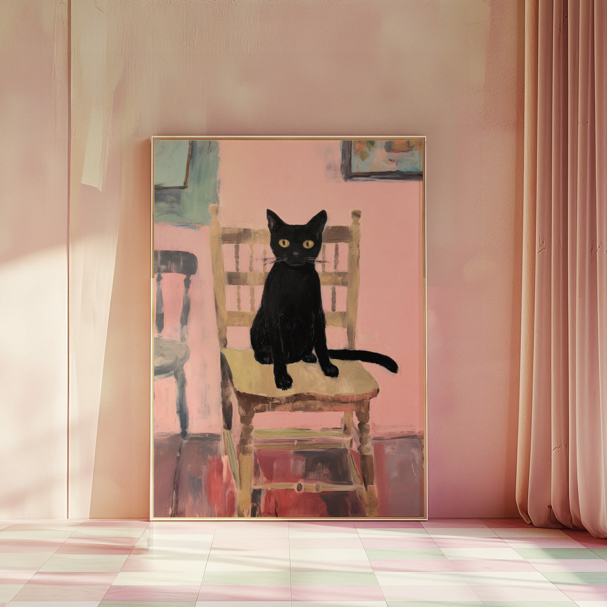 Black Cat on Kitchen Chair Matte Vertical Poster Art Print