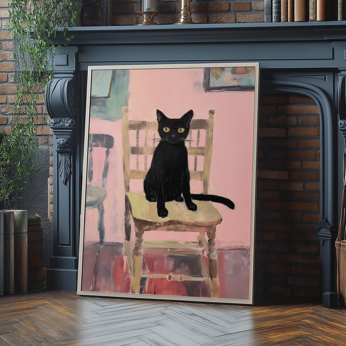 Black Cat on Kitchen Chair Matte Vertical Poster Art Print