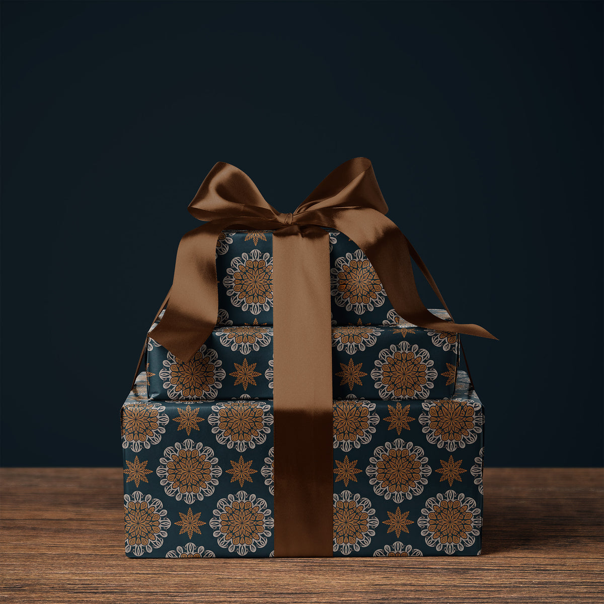 Navy & Gold Medallions and Snowflake Stars Gift Wrapping Paper