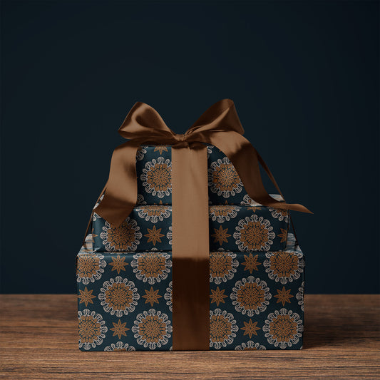 Navy & Gold Medallions and Snowflake Stars Gift Wrapping Paper