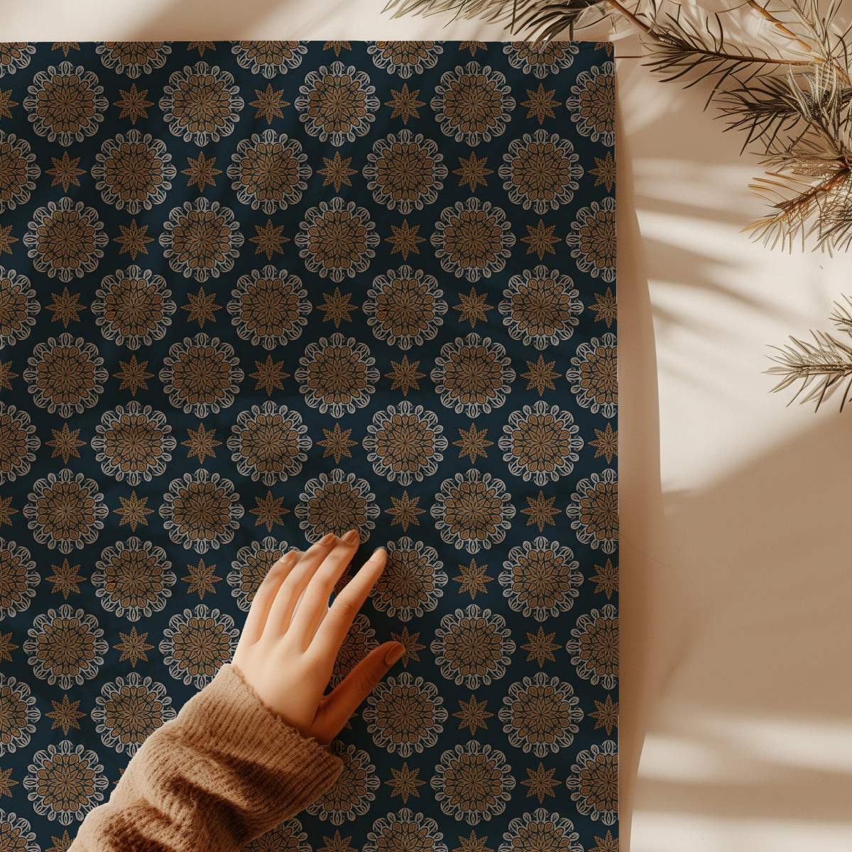 Navy & Gold Medallions and Snowflake Stars Gift Wrapping Paper