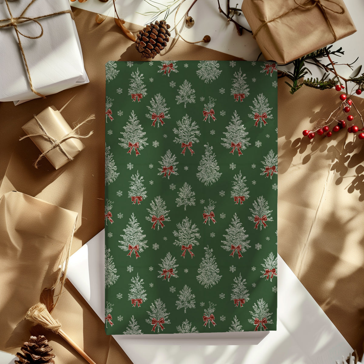 Christmas Trees with Red Ribbons Gift Wrapping Paper
