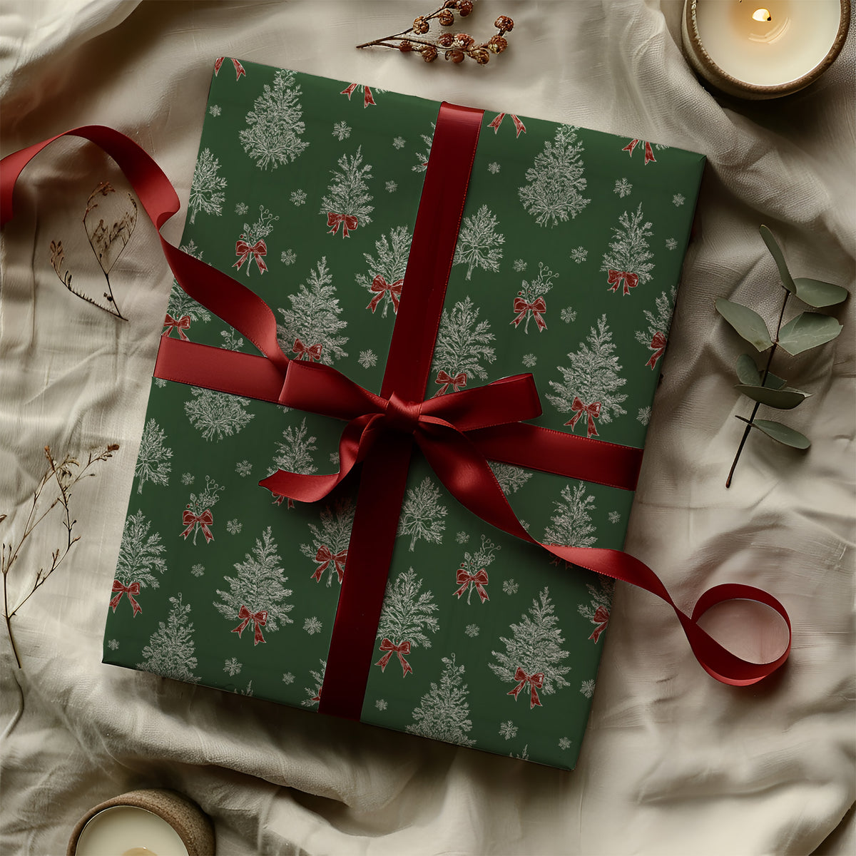 Christmas Trees with Red Ribbons Gift Wrapping Paper