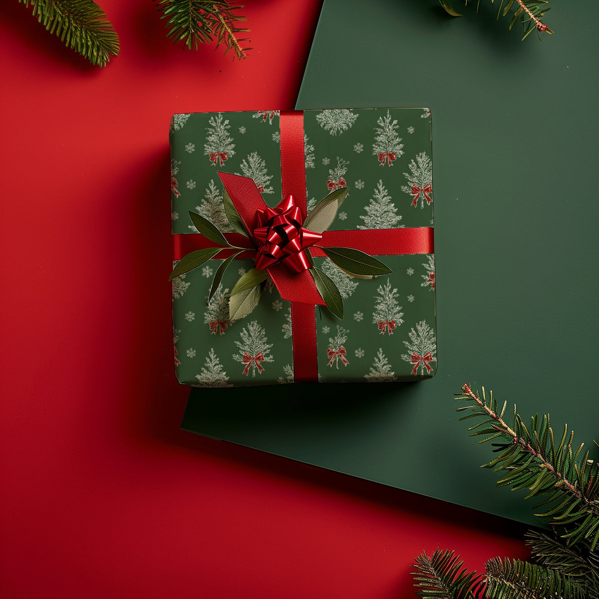 Christmas Trees with Red Ribbons Gift Wrapping Paper