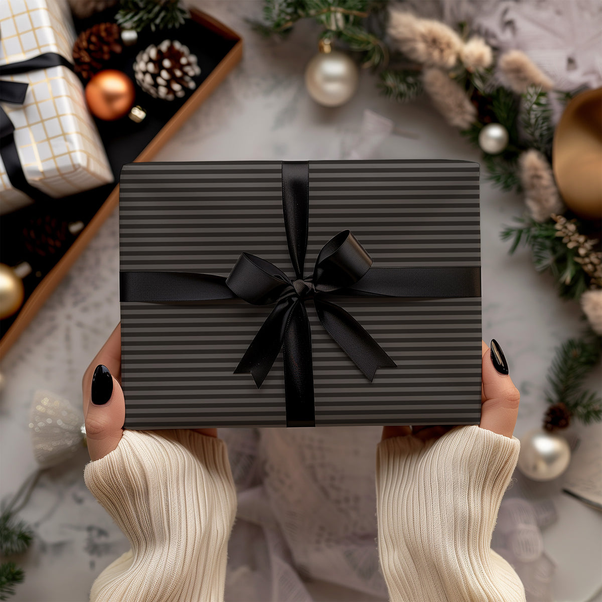 Charcoal & Black Dark Moody Candy Striped Gift Wrapping Paper