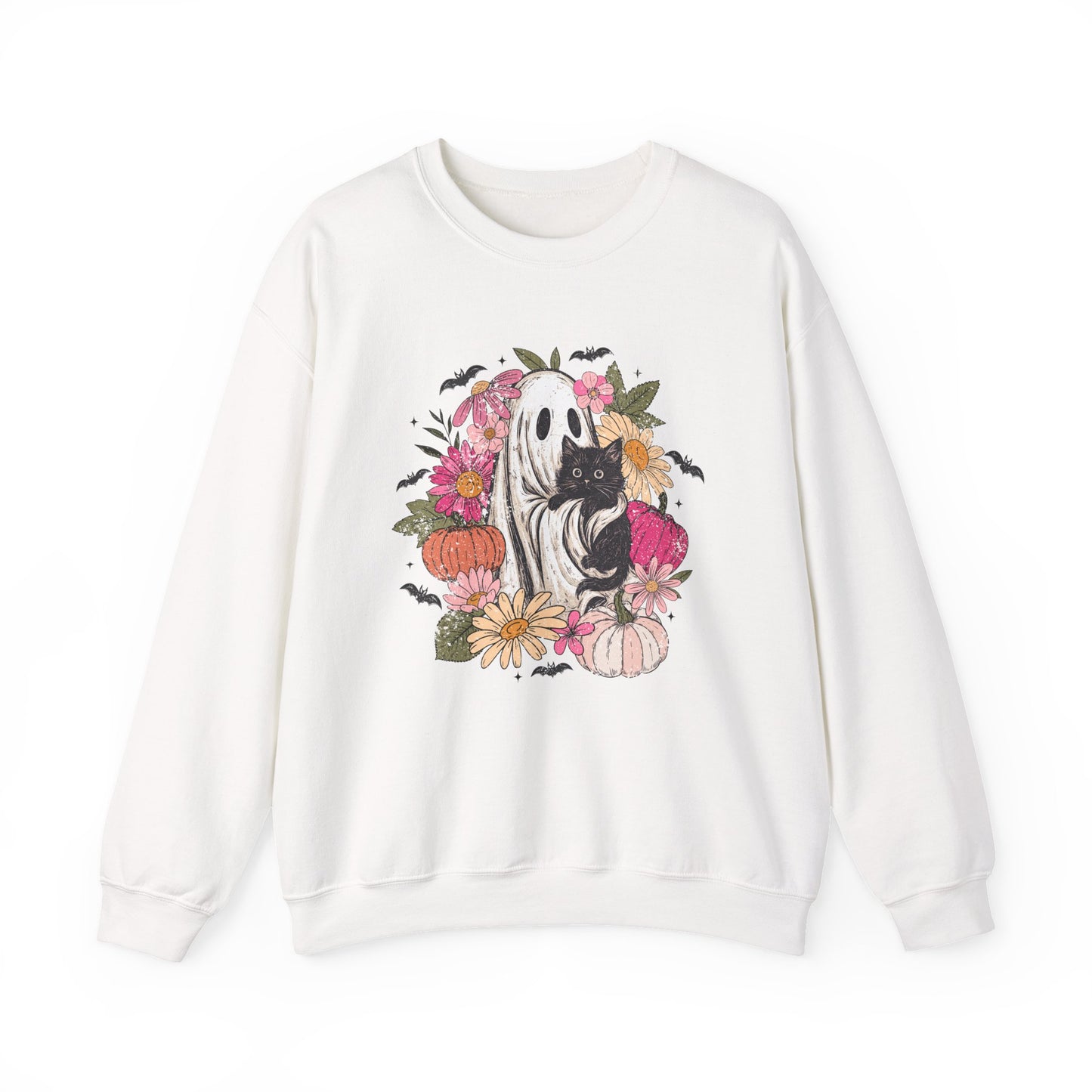 Ghost Holding Black Cat Boho Floral Halloween Crewneck Sweatshirt
