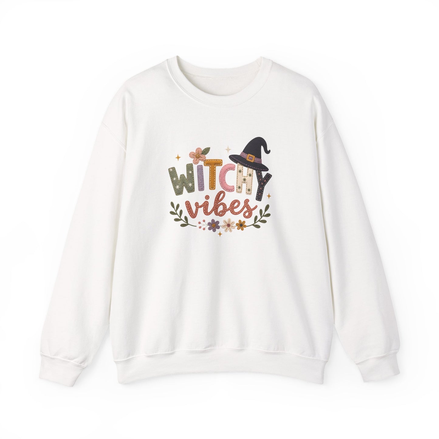 Witchy Vibes Faux Patchwork Embroidery Crewneck Sweatshirt