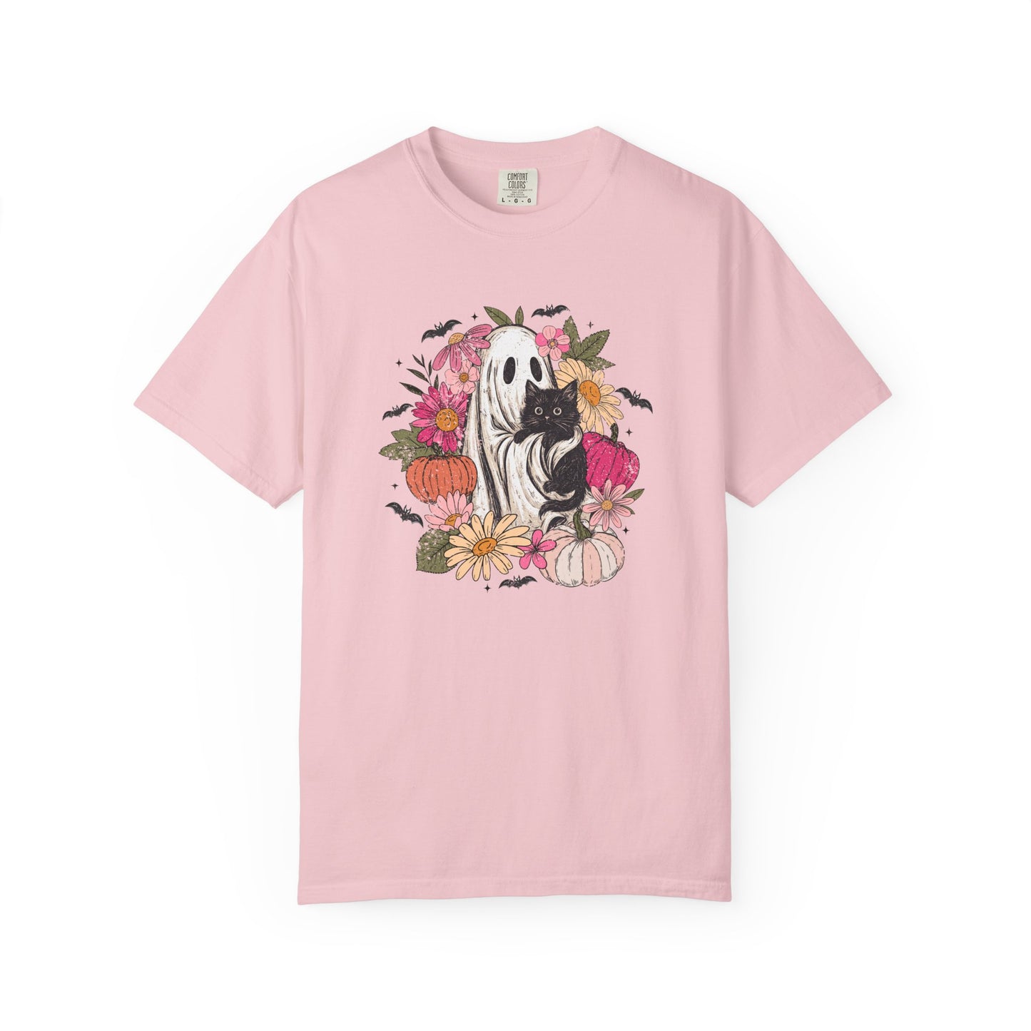 Cute Boho Ghost Holding Black Cat with Flowers T-shirt