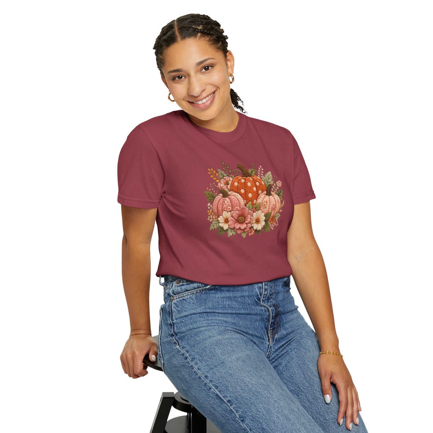 Orange & Pink Trio of Pumpkins with Flower Blooms Faux Patchwork Embroidery T-shirt
